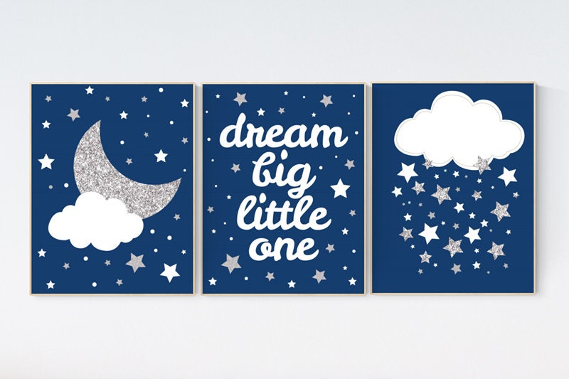 Navy silver nursery, navy silver nursery set, Baby boy nursery decor, dream big little one, navy blue, cloud nursery, moon and stars nursery
