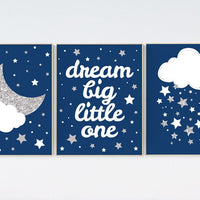 Navy silver nursery, navy silver nursery set, Baby boy nursery decor, dream big little one, navy blue, cloud nursery, moon and stars nursery