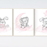 Nursery decor girl bunny, bunny print set, pink and gray nursery, rabbit nursery decor, girl nursery, bunny art, Bunny print nursery