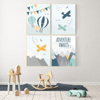 Adventure awaits nursery, gender neutral nursery decor, nursery decor boy plane, woodland nursery, adventure nursery print, hot air balloon