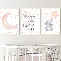 Nursery decor elephant, Nursery decor girl coral, dream big little one, cloud and stars, moon and stars nursery, coral and gray nursery