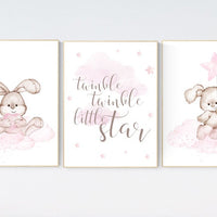 Nursery decor girl bunny, bunny print set, twinkle twinkle little star, rabbit nursery, girl nursery, nursery wall art bunny, Bunny print