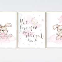 Bunny nursery decor, pink nursery, nursery decor girl bunny, nursery prints animals, we love you to the moon and back, cloud and stars