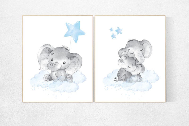 Nursery decor boy elephant, nursery wall art elephant, baby room decor boy, cloud and stars, Elephant Nursery Art, star nursery, elephant