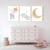 Nursery wall art girl elephant, pink and gold nursery, we love you to the moon and back, pink nursery art, cloud and stars, baby room decor