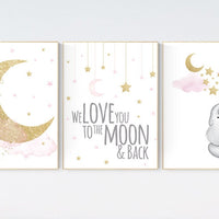 Nursery wall art girl elephant, pink and gold nursery, we love you to the moon and back, pink nursery art, cloud and stars, baby room decor