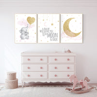 Nursery wall art girl elephant, pink and gold nursery, we love you to the moon and back, pink nursery art, cloud and stars, baby room decor