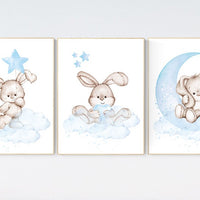 Nursery decor boy bunny, bunny print set, blue nursery, rabbit nursery decor, boy nursery, Bunny print nursery, boy nursery wall art