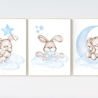 Nursery decor boy bunny, bunny print set, blue nursery, rabbit nursery decor, boy nursery, Bunny print nursery, boy nursery wall art