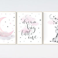 Nursery decor girl, nursery wall art girl, giraffe nursery, Pink and gray nursery, dream big little one, moon and stars nursery, cloud