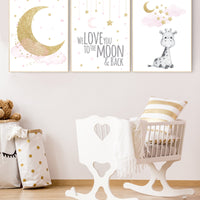 Nursery wall art girl, giraffe nursery, baby room decor girl gold and pink, we love you to the moon and back, cloud and stars, girl nursery
