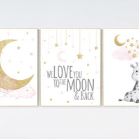 Nursery wall art girl, giraffe nursery, baby room decor girl gold and pink, we love you to the moon and back, cloud and stars, girl nursery