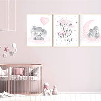 Elephant nursery art, nursery decor girl, pink and gray, cloud and stars, baby room decor girl, nursery prints girl, dream big little one