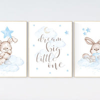 Nursery decor bunny, dream big little one, Nursery decor boy, rabbit nursery decor, Bunny print, boy nursery wall art, woodland animals