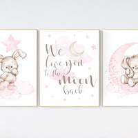 Nursery decor girl bunny, Bunny nursery decor, pink nursery, nursery prints animals, we love you to the moon and back, cloud and stars