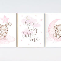 Nursery decor girl bunny, bunny print set, dream big little one, rabbit nursery, girl nursery, nursery wall art bunny, Bunny print nursery
