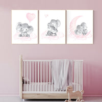 Elephant nursery art, elephant nursery print, pink and gray nursery, cloud and stars nursery, baby room decor girl, nursery prints girl