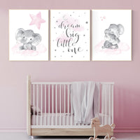Elephant nursery, nursery wall art elephant, nursery decor girl, dream big little one, pink nursery, baby room decor girl, nursery prints