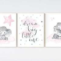 Elephant nursery, nursery wall art elephant, nursery decor girl, dream big little one, pink nursery, baby room decor girl, nursery prints