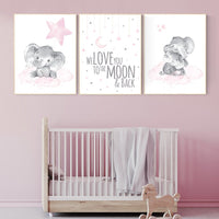 Nursery decor girl, we love you to the moon and back, baby room wall art, girl nursery decor, Elephant nursery, nursery wall art elephant