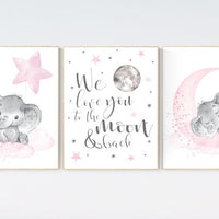 Nursery decor girl Elephant, pink grey nursery, nursery wall art, girl nursery wall decor, pink gray, we love you to the moon and back