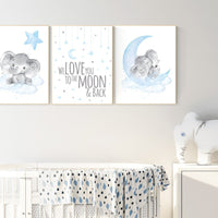 Nursery decor boy elephant, nursery wall art elephant, we love you to the moon and back, Elephant Nursery, boy nursery art, moon and stars