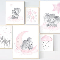 Nursery wall art girl elephant, pink grey, nursery decor girl pink, we love you to the moon and back, moon and stars, baby room decor girl