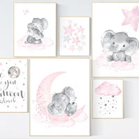 Nursery wall art girl elephant, pink grey, nursery decor girl pink, we love you to the moon and back, moon and stars, baby room decor girl