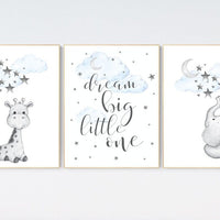 boy nursery decor elephant, nursery decor boy, blue nursery art, giraffe print nursery, elephant decor for nursery, dream big little one