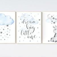 Giraffe print nursery, nursery decor boy, blue nursery art, giraffe nursery decor, dream big little one, cloud and star nursery, boy room