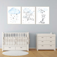 Giraffe art nursery, nursery decor boy, blue nursery art, giraffe nursery decor, twinkle twinkle little star, cloud and star nursery, boy