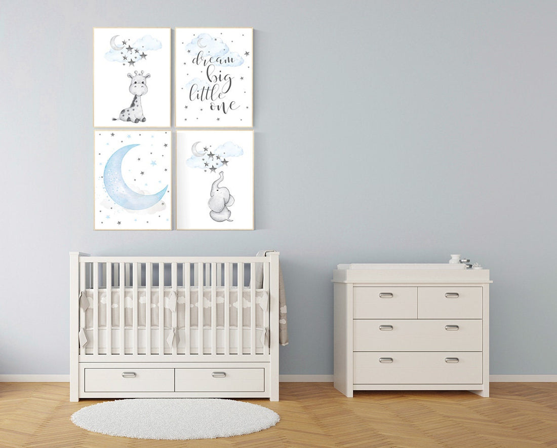 Nursery decor boy elephant, blue nursery art, giraffe print nursery, elephant decor for nursery, dream big little one, Boy nursery decor