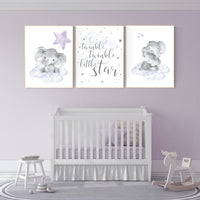 Nursery decor girl purple, nursery prints elephant, Girls room decor purple, moon and stars, lavender, star nursery, lilac nursery, cloud