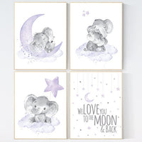 Nursery decor girl, purple nursery, nursery wall art elephant, baby room wall art, girl nursery prints, moon and stars, girl nursery art