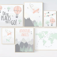 Nursery decor, adventure nursery, mountain nursery art, adventure awaits. mountain, hot air balloon, world map, Pink Mint Grey, coral mint