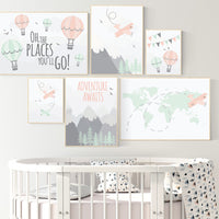 Nursery decor, adventure nursery, mountain nursery art, adventure awaits. mountain, hot air balloon, world map, Pink Mint Grey, coral mint