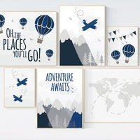 Nursery decor boy mountain, adventure nursery, adventure awaits, hot air balloon, world map, navy gray, grey, airplane, boys nursery ideas