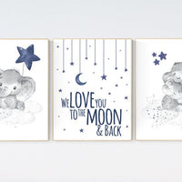 Navy nursery decor, cloud and stars, moon and stars, navy blue nursery art. baby room wall art, boy nursery decor, set of 3, nursery art