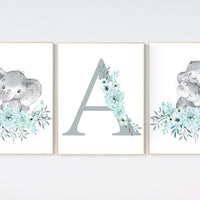 boho nursery decor, elephant nursery wall art, mint nursery wall art, nursery decor woodland, gender neutral nursery, nursery decor girl
