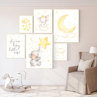 Nursery decor elephant, nursery wall art neutral, twinkle twinkle little star, baby wall art elephant, baby room decor, moon and stars