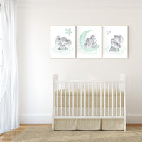 Elephant nursery art, elephant nursery print, mint nursery decor, cloud and stars nursery, baby room , gender neutral, aqua, moon and stars