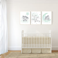 Elephant nursery art, elephant nursery print, mint nursery decor, cloud and stars nursery, baby room , gender neutral, aqua, moon and stars
