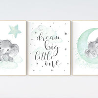 Elephant nursery art, elephant nursery print, mint nursery decor, cloud and stars nursery, baby room , gender neutral, aqua, moon and stars