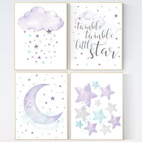 Nursery wall art girl, purple nursery, girl nursery room, twinkle twinkle little star, purple, lilac, teal. Turquoise, moon and stars