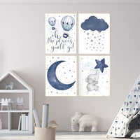 Nursery decor boy elephant, oh the places you'll go, navy nursery decor, cloud and stars, hot air balloon, navy blue nursery art. baby room