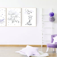 Nursery wall art girl giraffe, Nursery decor girl purple, lilac nursery decor, twinkle twinkle little star, lavender nursery, moon and stars