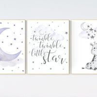 Nursery wall art girl giraffe, Nursery decor girl purple, lilac nursery decor, twinkle twinkle little star, lavender nursery, moon and stars