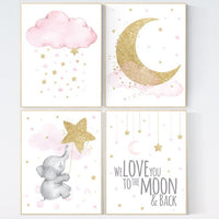 Nursery decor girl elephant, pink and gold nursery, we love you to the moon and back, pink nursery art, cloud and stars, baby room decor