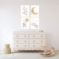 Nursery decor girl elephant, pink and gold nursery, we love you to the moon and back, pink nursery art, cloud and stars, baby room decor