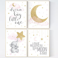 Nursery decor girl elephant, pink and gold nursery, we love you to the moon and back, pink nursery art, cloud and stars, baby room decor